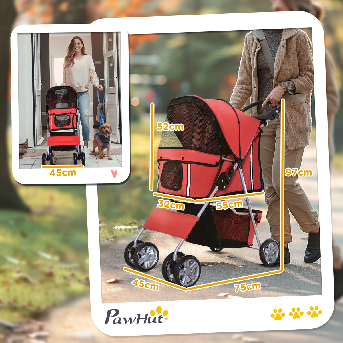PawHut Hundewagen Hundetrolley bis 10 kg Klappbar mit Becherhalter Sonnendach Rot