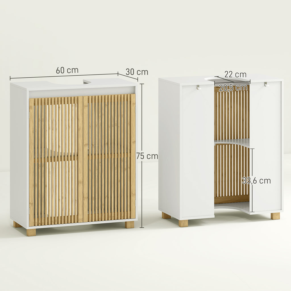 HOMCOM Unterwaschbeckenmöbel Badezimmer - Schrank mit Lamellentüren aus Bambus, 60 x 30 x 75 cm, Effekt Holz Natur