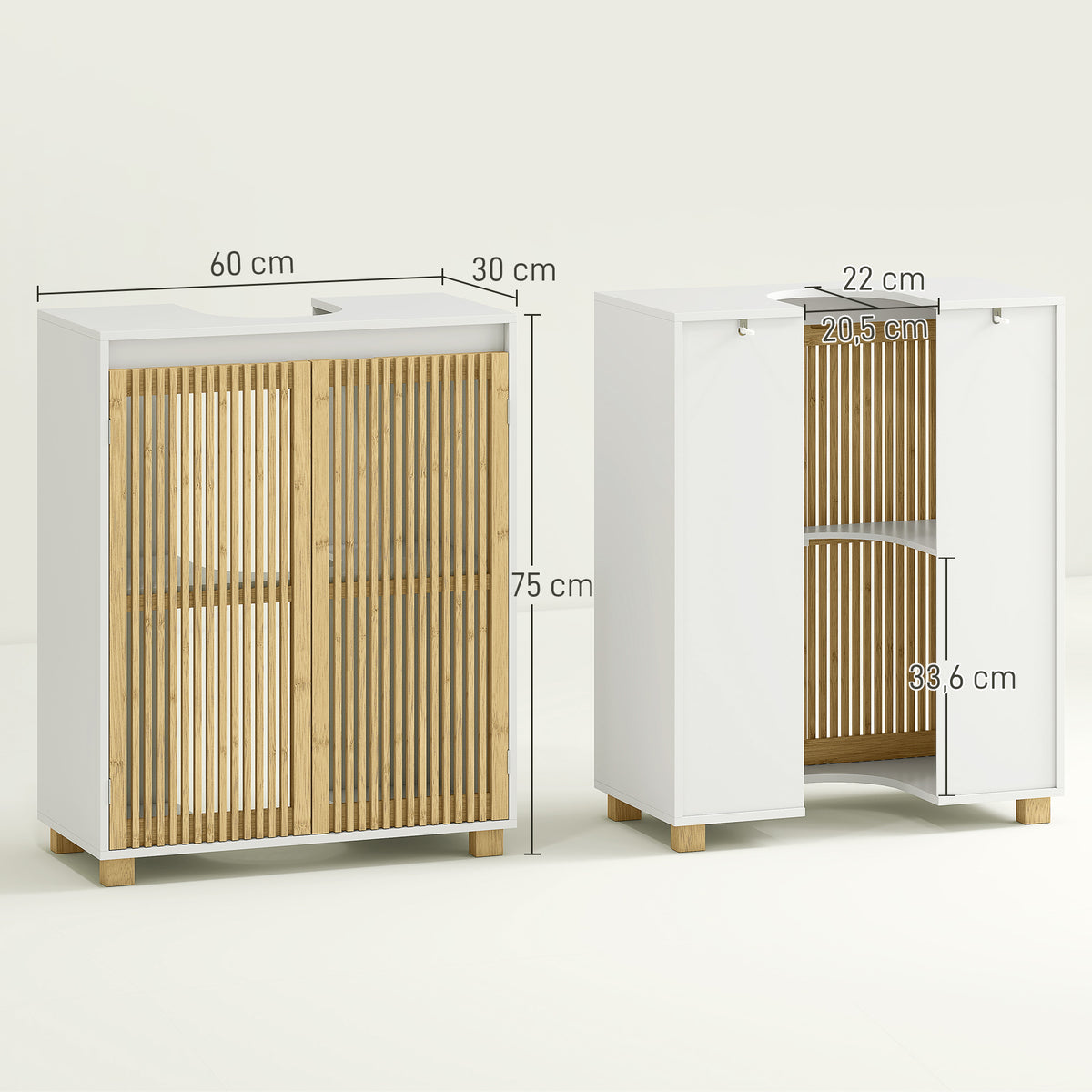 HOMCOM Unterwaschbeckenmöbel Badezimmer - Schrank mit Lamellentüren aus Bambus, 60 x 30 x 75 cm, Effekt Holz Natur