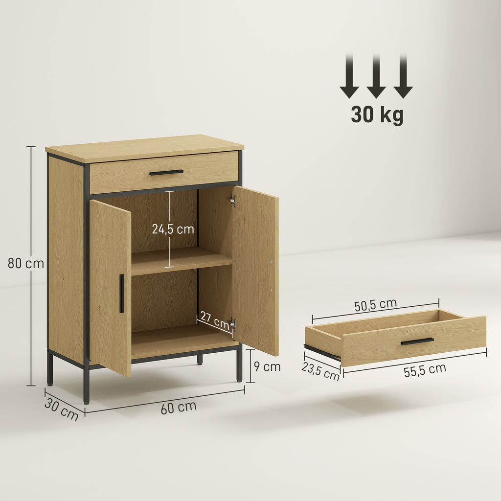 HOMCOM Badezimmerschrank mit Schublade, Zweitürenschränken, verstellbarem Regal und Soft-Close-Scharnieren, 60 x      30 x 80 cm, Eiche