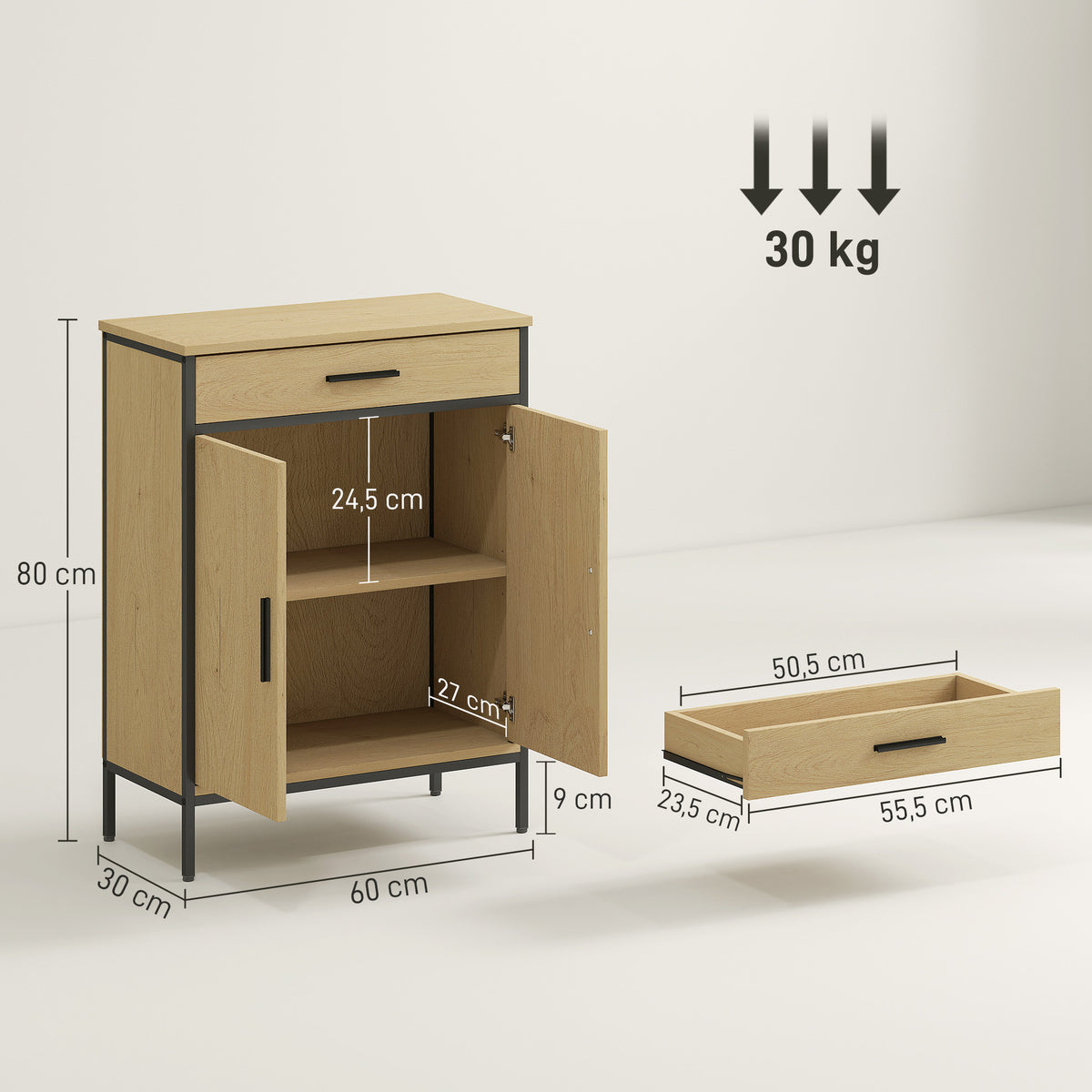 HOMCOM Badezimmerschrank mit Schublade, Zweitürenschränken, verstellbarem Regal und Soft-Close-Scharnieren, 60 x      30 x 80 cm, Eiche
