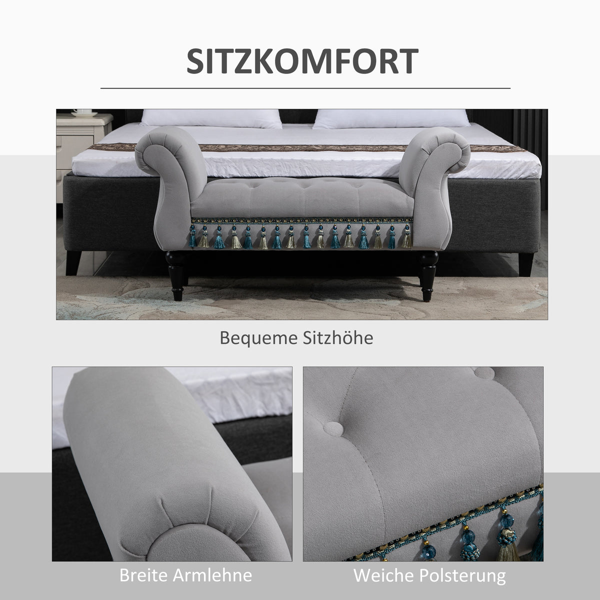 HOMCOM Sitzbank Polsterbank, Samtoptik, Luxus Bettbank mit Holzbeine, Flurbank für Schlafzimmer, bis 150 kg Belastbar, Hellgrau, 117 x 40 x 58 cm