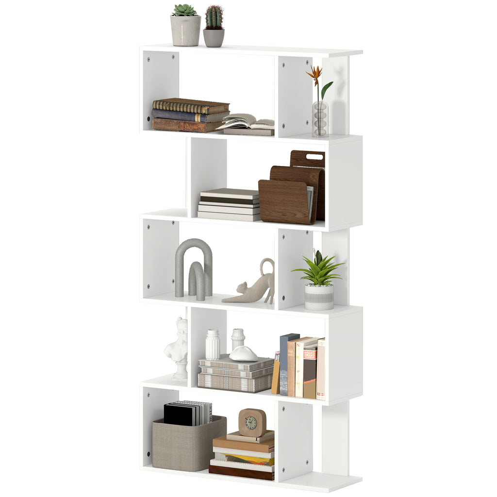 HOMCOM Asymmetrisches Regal in S-Form mit 5 Ebenen und 10 offenen Regalen, aus Holz, 80x24x159 cm, Weiß