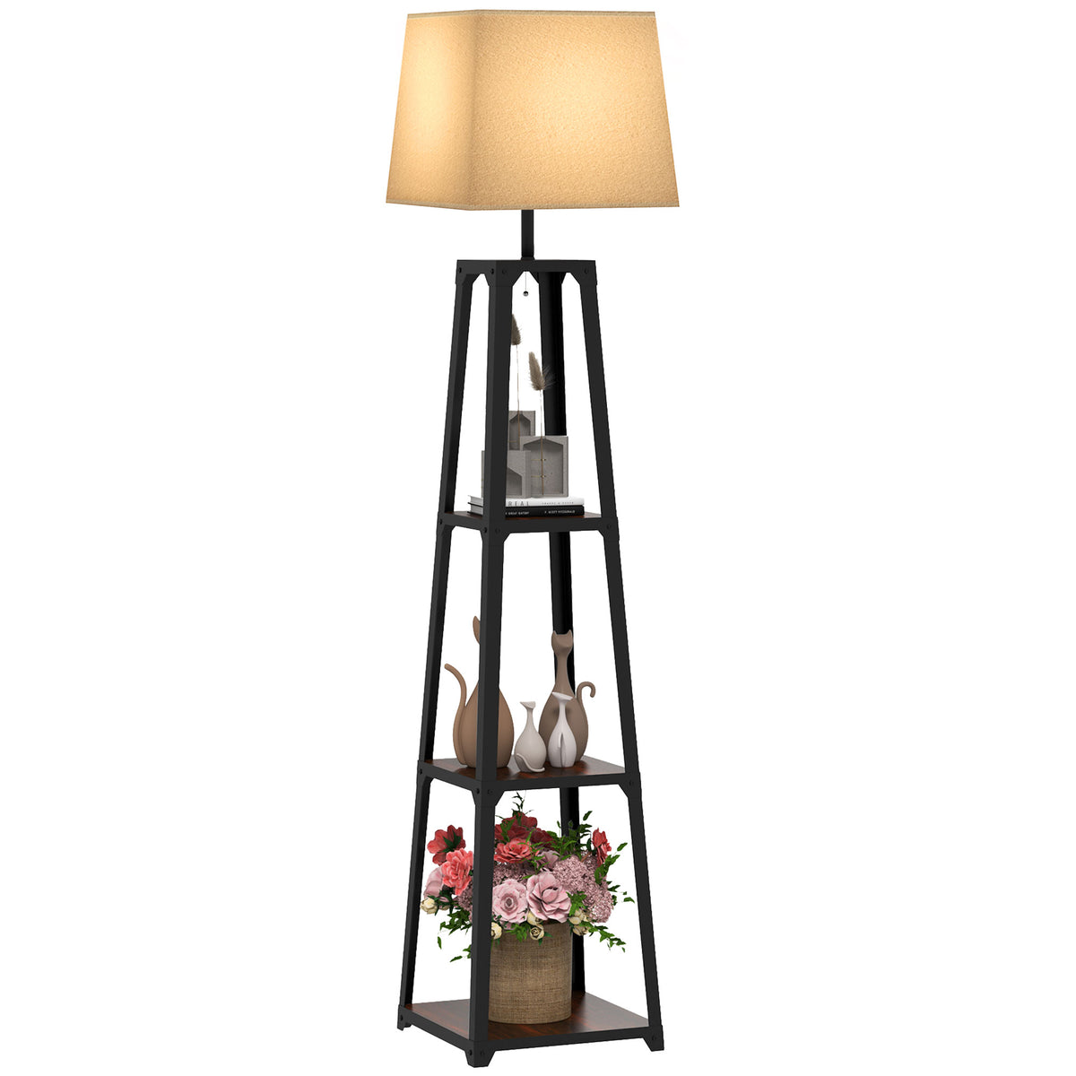 HOMCOM Stehlampe aus Metall und MDF mit 3 Regalen und Stofflampenschirm, Ø42x166 cm, Schwarz und Beige