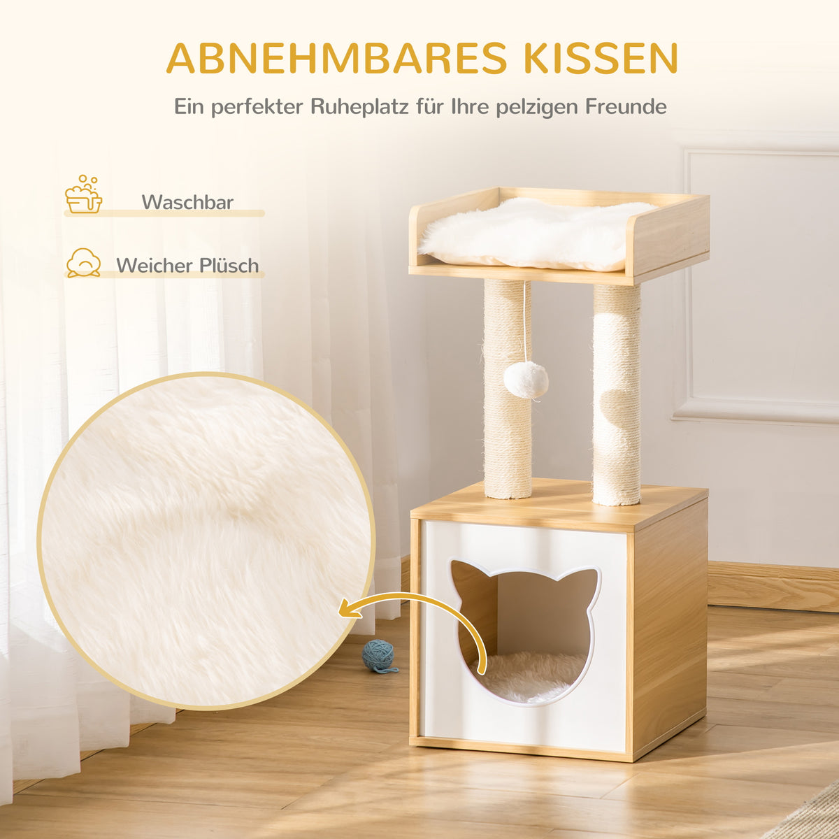 Pawhut Katzenhöhle mit 2 weichen Kissen Katzenbaum mit Katzenbett Spielzeug Kugel Katzenhaus, Sisal Natur 35 x 35 x 81 cm