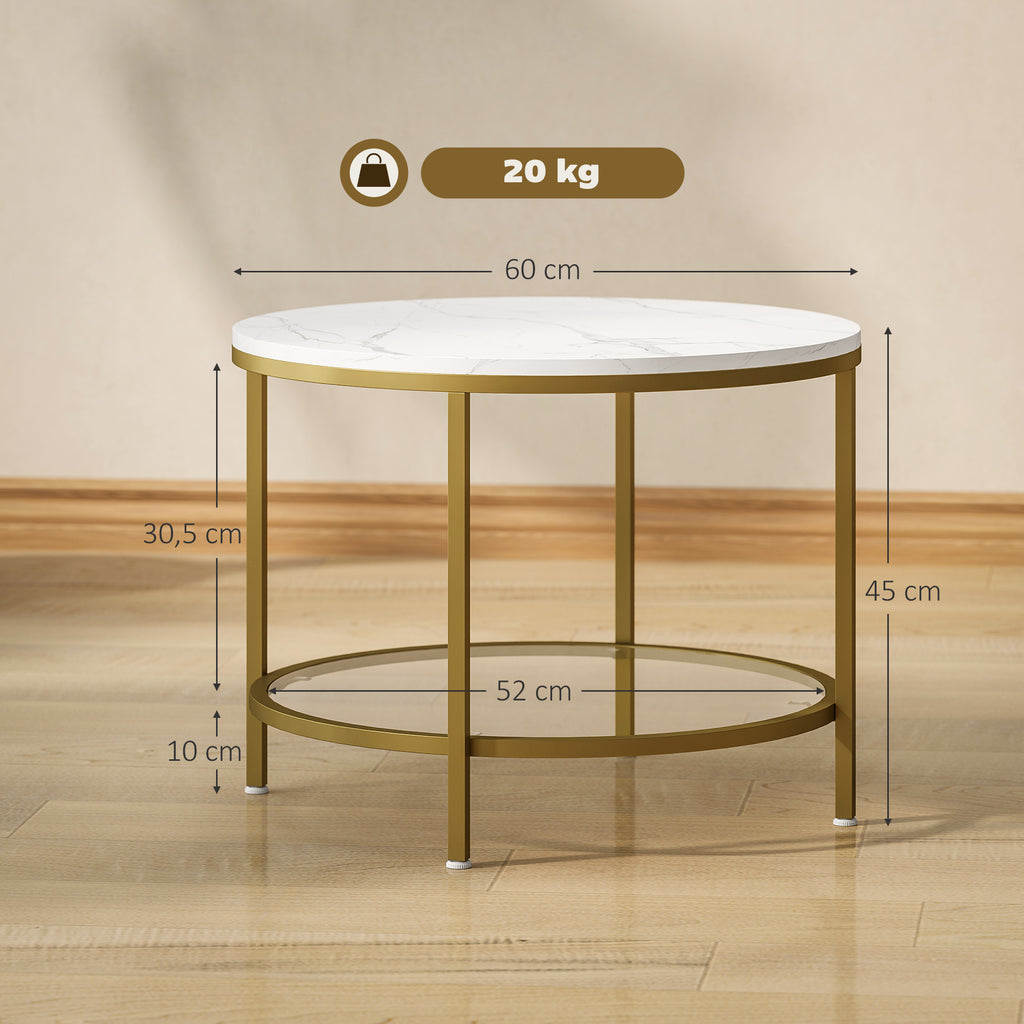 HOMCOM Modern Runder Couchtisch mit 2 Ebenen marmorierte Oberfläche und gehärtetes Glas, Ø 60 x 45 cm, Weiß und Gold