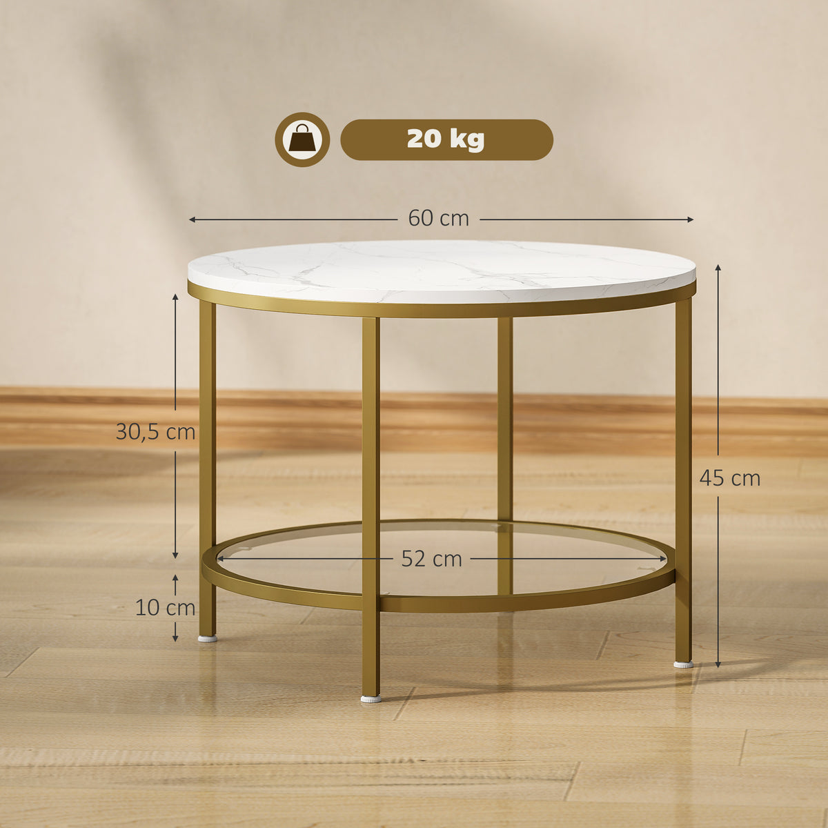 HOMCOM Modern Runder Couchtisch mit 2 Ebenen marmorierte Oberfläche und gehärtetes Glas, Ø 60 x 45 cm, Weiß und Gold