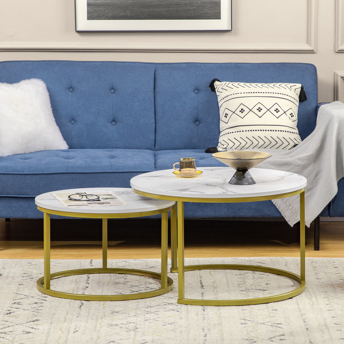 HOMCOM Beistelltisch-Set, 2 Satztische, Ø74 & Ø59 cm, Marmoroptik, Rahmen in Gold