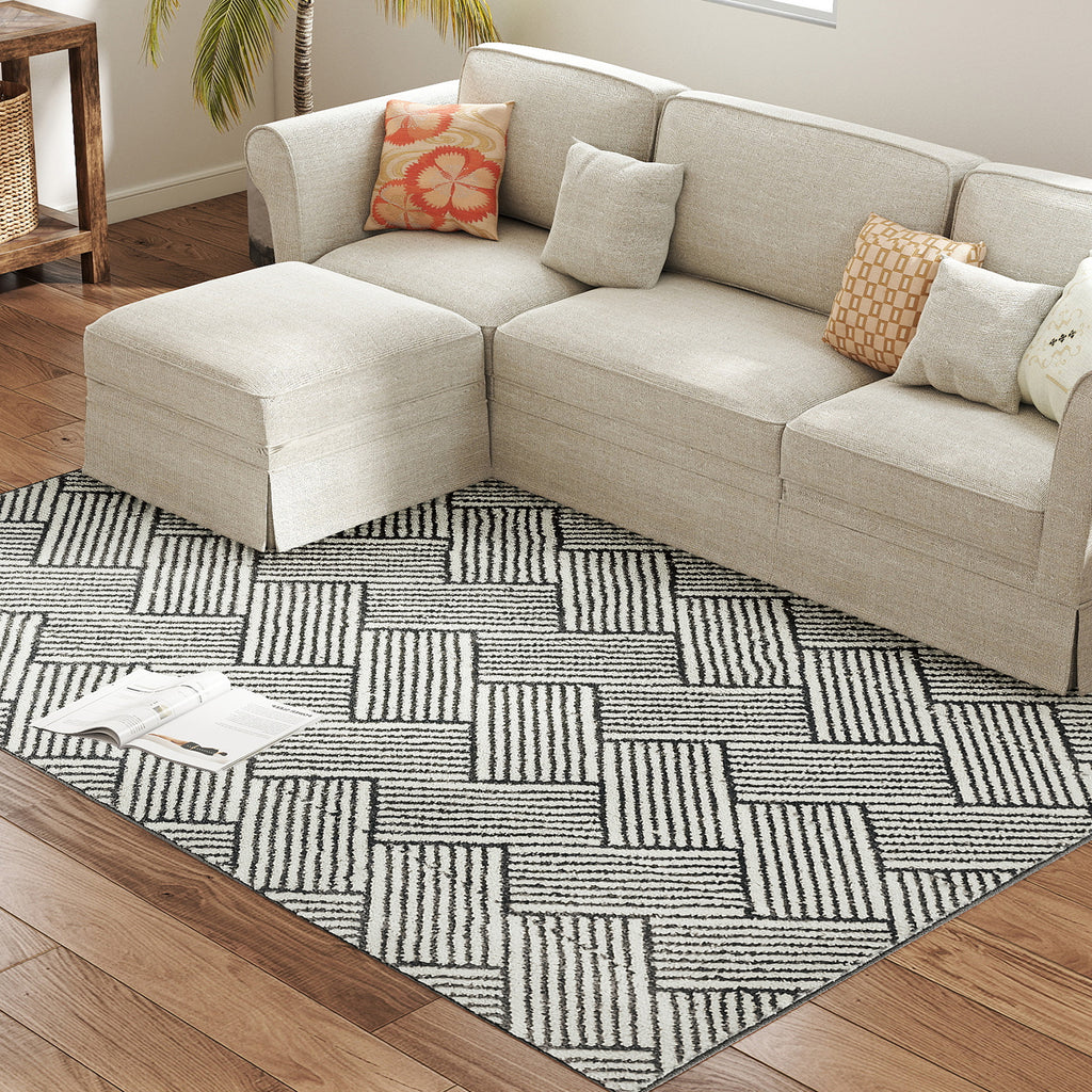 HOMCOM Teppich für Wohnzimmer 200 x 140 cm kurzer Flor maschinenwaschbar hypoallergen für Wohnzimmer, Schlafzimmer, Büro, hellgrau