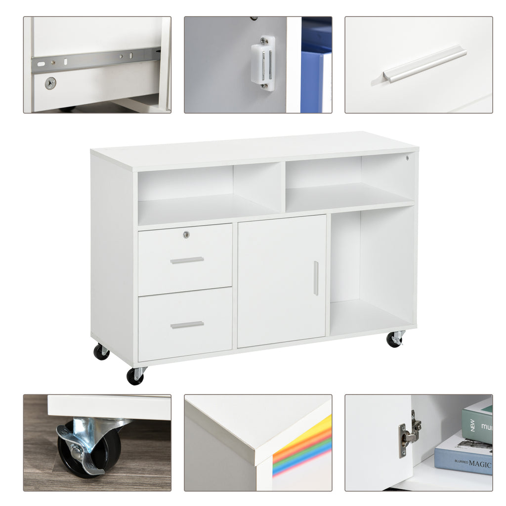 HOMCOM Bürocontainer mit Rollen, Aktenschrank, Büroschrank, Sideboard, Badezimmerschrank für Büro, Küche, Schlafzimmer, Wohnzimmer Spanplatte, Weiß, 100 x 35 x 65 cm