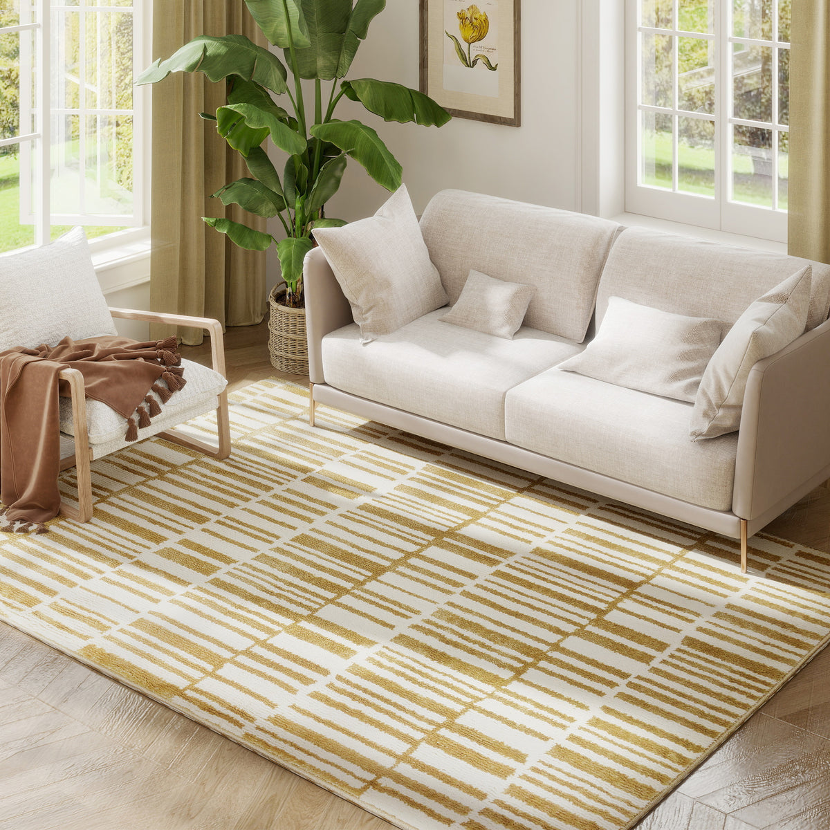 HOMCOM Teppich Wohnzimmer 200 x 140 cm Kurzflor maschinenwaschbar hypoallergen für Wohnzimmer, Schlafzimmer, Büro, Gelb