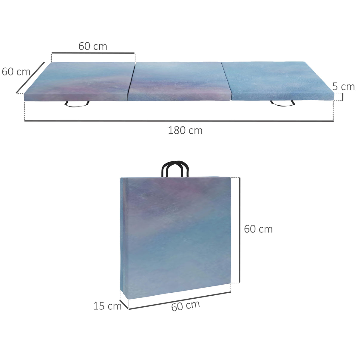 HOMCOM Gymnastikmatte Yoga Pilates Fitness faltbar in 3 Panels mit Griffen synthetische Beschichtung 180 x 60 x 5 cm grau