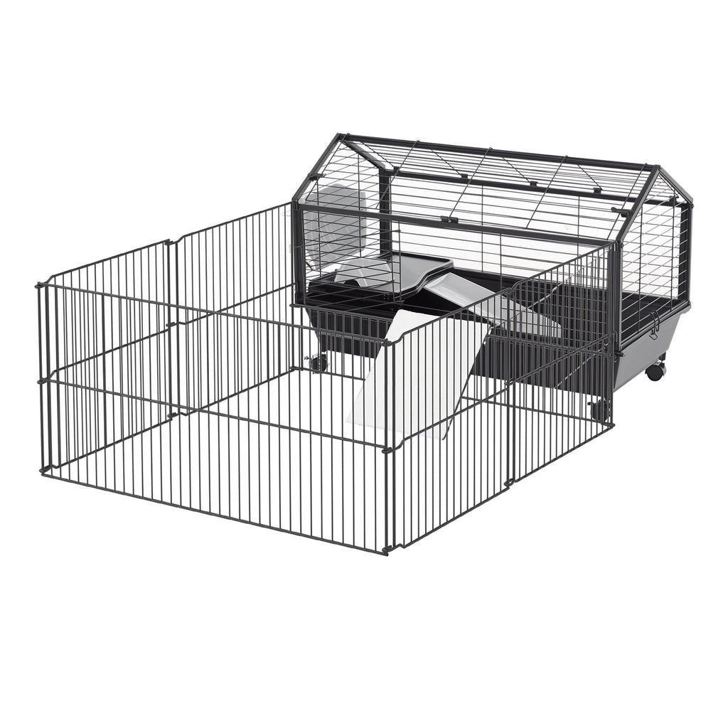 Pawhut Kleintierkäfig mit Freigehege inkl. Zubehör 88 cm x 128,5 cm x 56 cm  4 Rollen Schwarz Metall Polypropylen