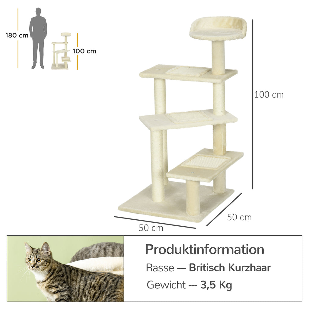 PawHut Kratzbaum 100 cm Katzenturm mit Sisalstämme, große Plattform, mehrstöckiger Katzenkratzbaum, Kletterbaum, für kleine & mittelgroße Katzen, Beige