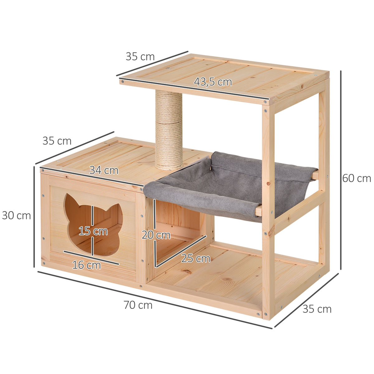 PawHut Katzenhaus mit Hängematte, Katzenkiste mit Sisalstamm, Katzenhöhle, Katzenbaum, Katzenaktivitätszentrum, Tannenholz, Natur, 70 x 35 x 60 cm