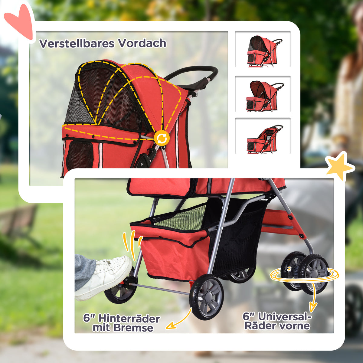 PawHut Hundewagen Hundetrolley bis 10 kg Klappbar mit Becherhalter Sonnendach Rot