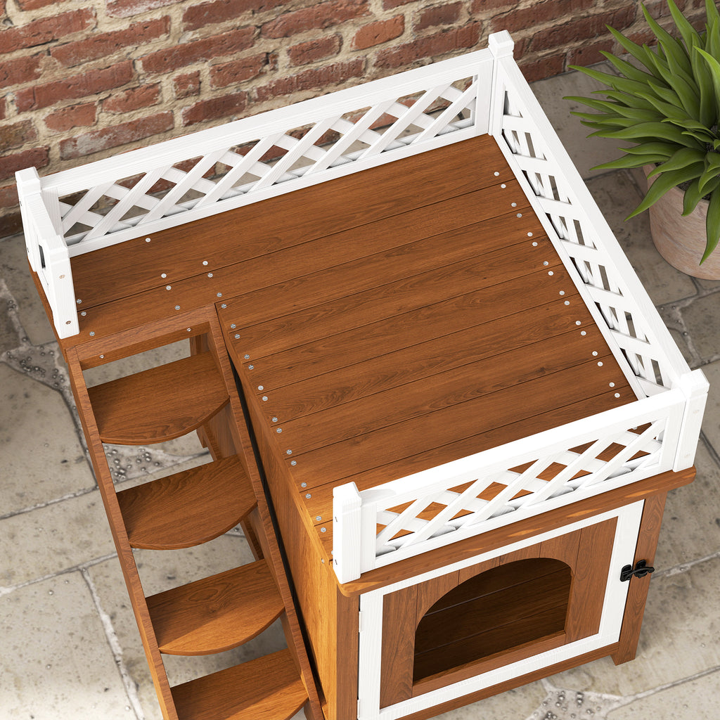 PawHut Katzenhaus, zweistöckig, mit Balkon und Treppe, für drinnen und draußen, für Katzen und Kaninchen, Tannenholz, Braun