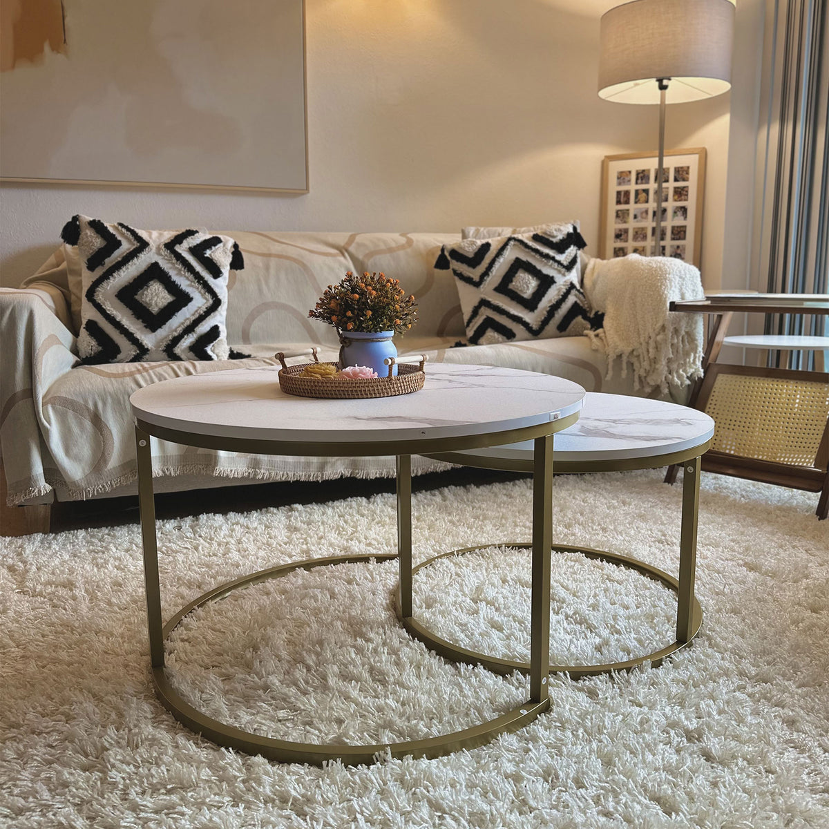 HOMCOM Beistelltisch-Set, 2 Satztische, Ø74 & Ø59 cm, Marmoroptik, Rahmen in Gold