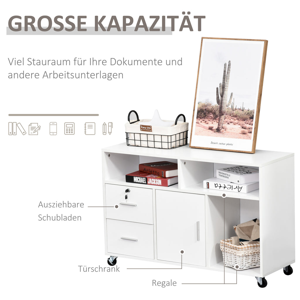 HOMCOM Bürocontainer mit Rollen, Aktenschrank, Büroschrank, Sideboard, Badezimmerschrank für Büro, Küche, Schlafzimmer, Wohnzimmer Spanplatte, Weiß, 100 x 35 x 65 cm