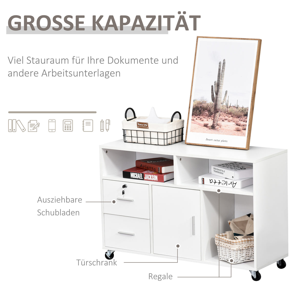 HOMCOM Bürocontainer mit Rollen, Aktenschrank, Büroschrank, Sideboard, Badezimmerschrank für Büro, Küche, Schlafzimmer, Wohnzimmer Spanplatte, Weiß, 100 x 35 x 65 cm