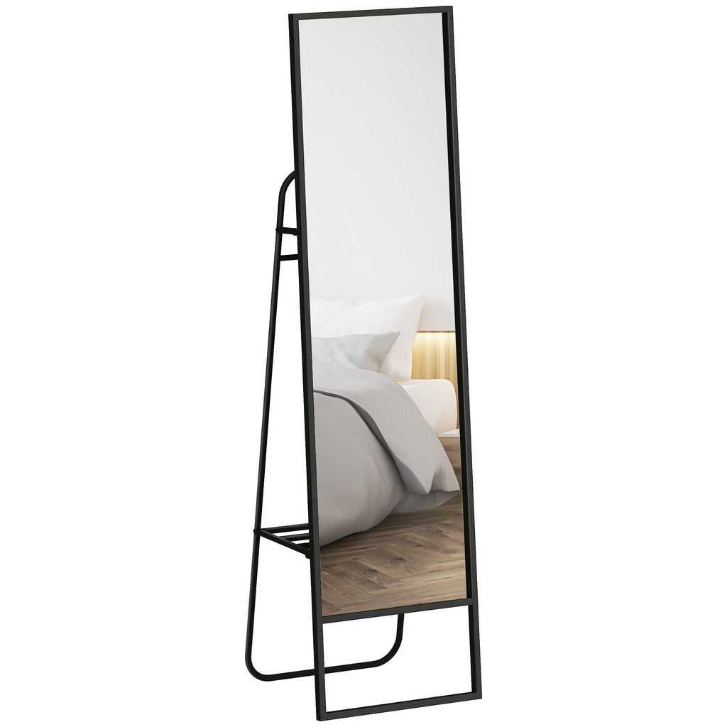 HOMCOM Standspiegel 148,5 x 40 cm rechteckig mit hinterem Regal, 2 Haken und Metallrahmen, Schwarz