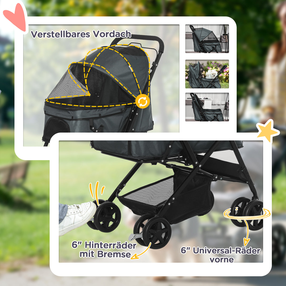 PawHut Hundebuggy Hundewagen bis 10 kg Klappbar Netzfenster Ablagekorb verstellbares Vordach Dunkelgrau 76,5 x 52 x 95 cm