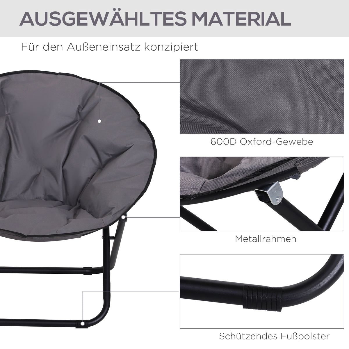 Outsunny Campingstuhl Faltbar Campingsessel mit Lehne, Klappstuhl bis 120kg, gepolstert Moonchair Extra Breit, Faltsessel Outdoor Stuhl für Garten, Balkon, Camping, Grau