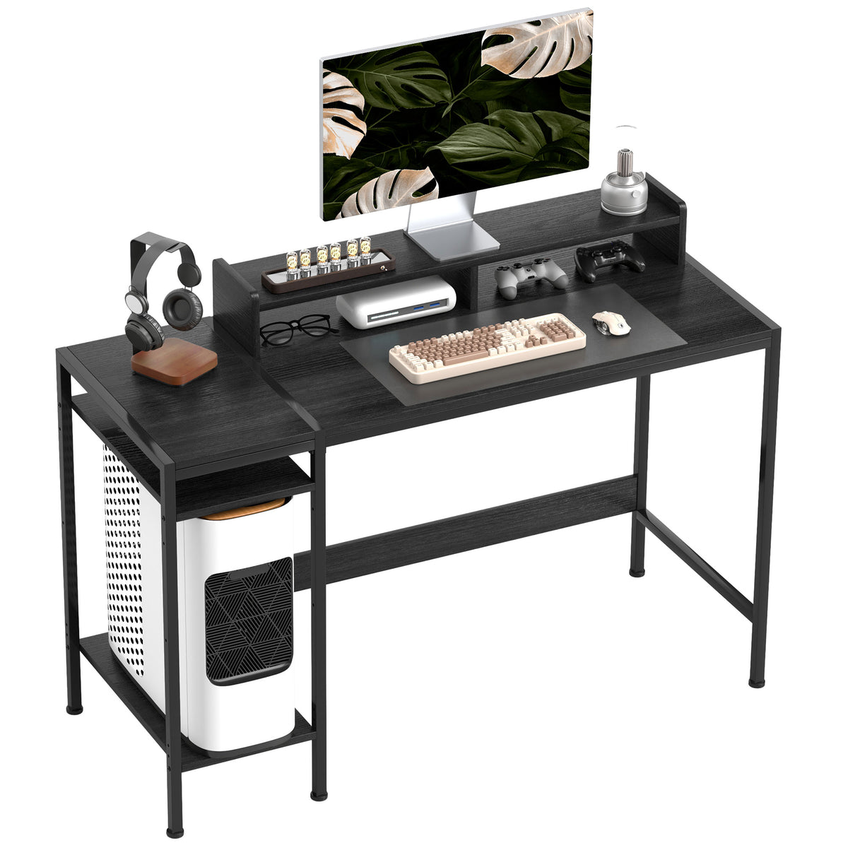 HOMCOM Schreibtisch PC mit Monitorständer und 2 verstellbaren Regalen, aus Holz und Stahl, 120x48x85,5 cm, Schwarz