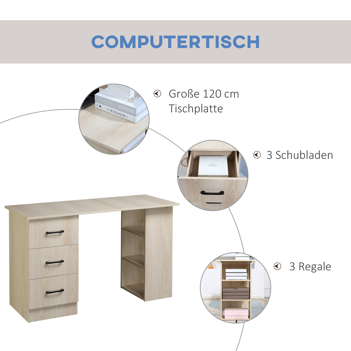 HOMCOM Schreibtisch Computertisch Bürotisch Arbeitstisch Regal mit 3 Schubladen Regale Natur 120 x 49 x 72 cm
