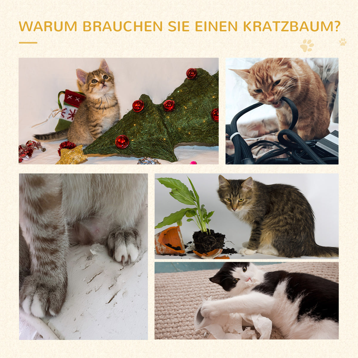 PawHut Kletterbaum Katzenbaum Spielbaum Katzenkratzbaum Treppe 5 Schichte Beige Grau 48,5 x 48,5 x 100 cm (LxBxH)