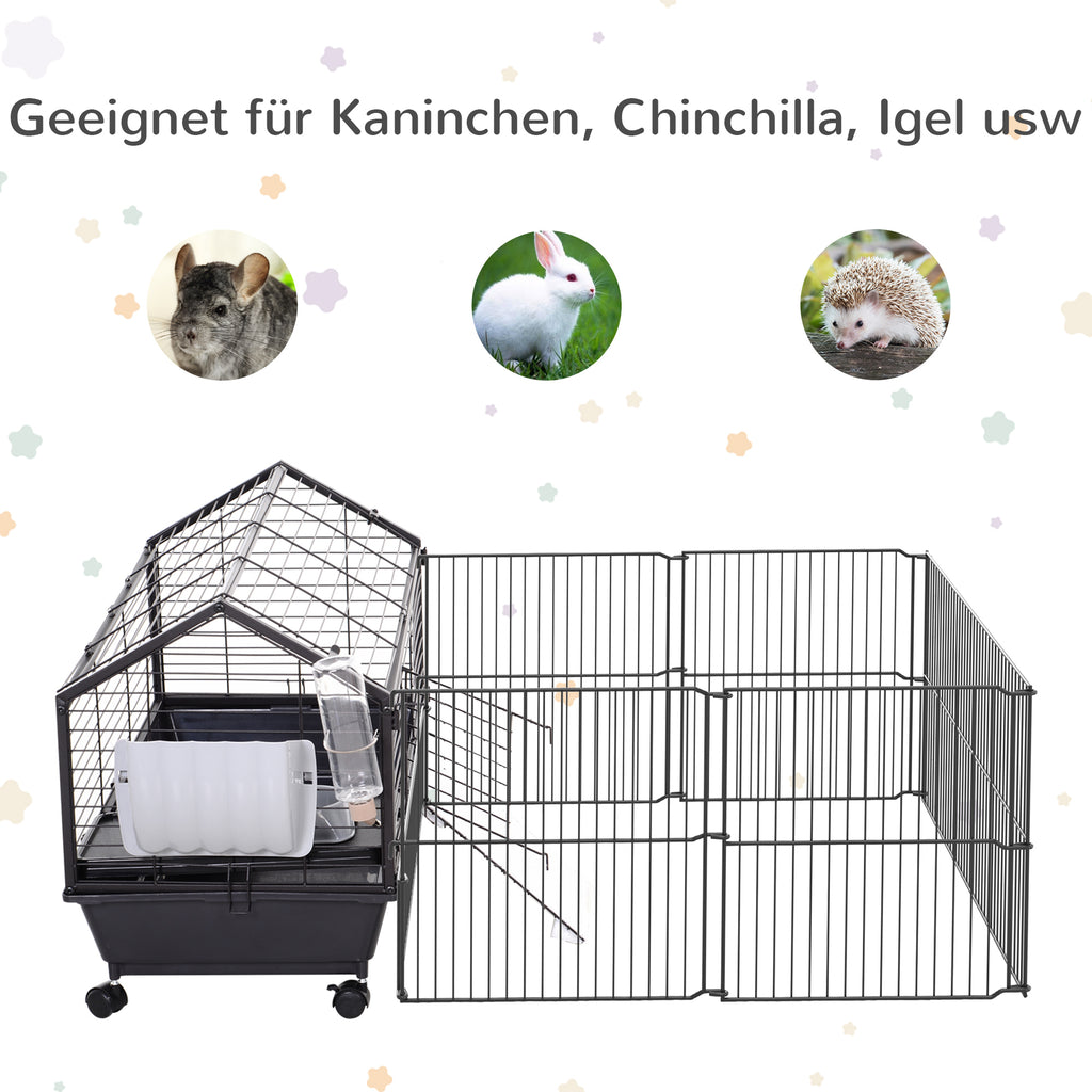 Pawhut Kleintierkäfig mit Freigehege inkl. Zubehör 88 cm x 128,5 cm x 56 cm  4 Rollen Schwarz Metall Polypropylen