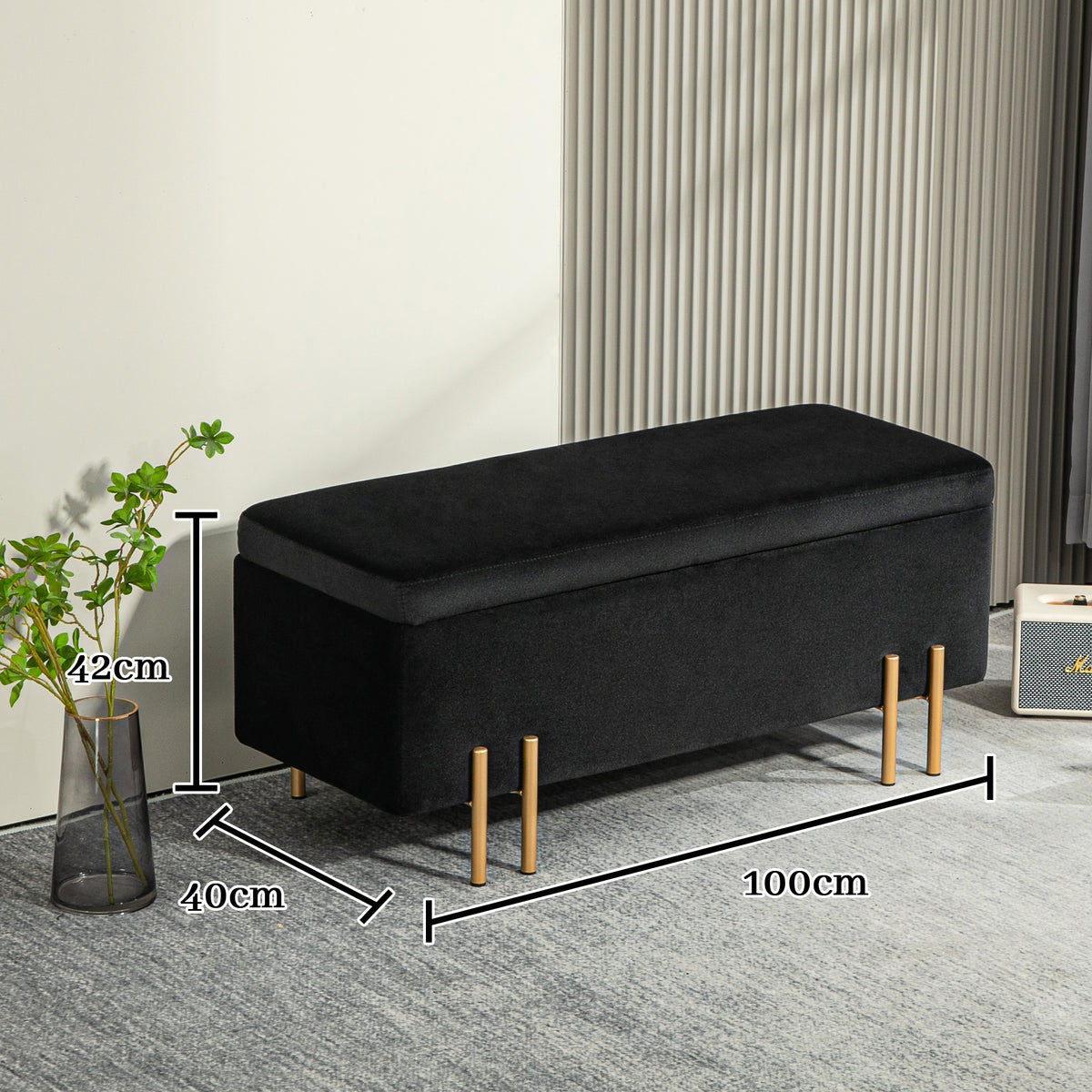 HOMCOM Sitzbank, Polsterbank mit Stauraum, Metall, Kautschukholz, Schaumstoff, 100 x 40 x 42 cm, Schwarz