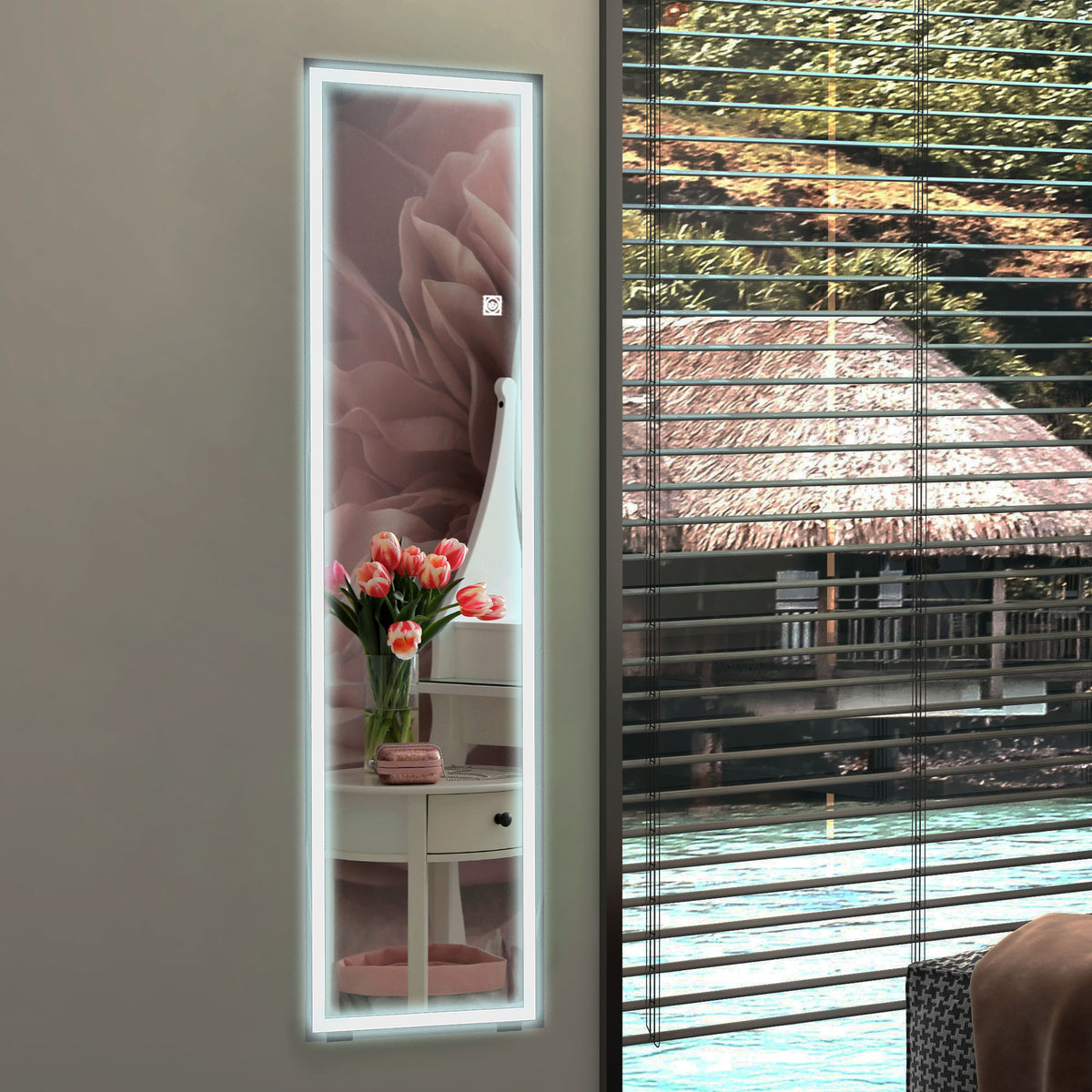 HOMCOM Standspiegel Wandspiegel Ganzköprerspiegel, mit LED´s, 40 cm x 150 cm, Weiß + Silber