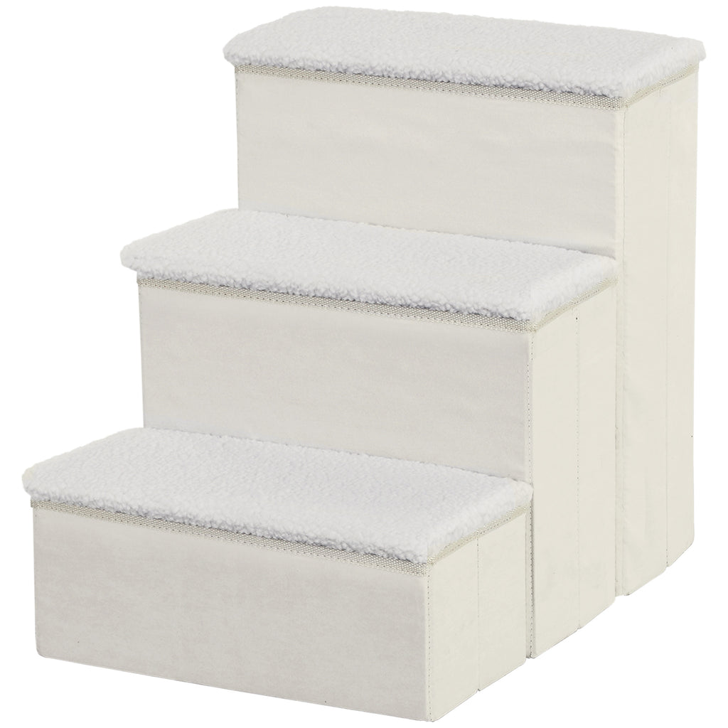 PawHut Haustiertreppe Katzentreppe Hundetreppe Faltbar 3 Stufen Tiertreppe mit Stauraum für Katzen und Hunde MDF Weiß 40 x 54 x 48 cm
