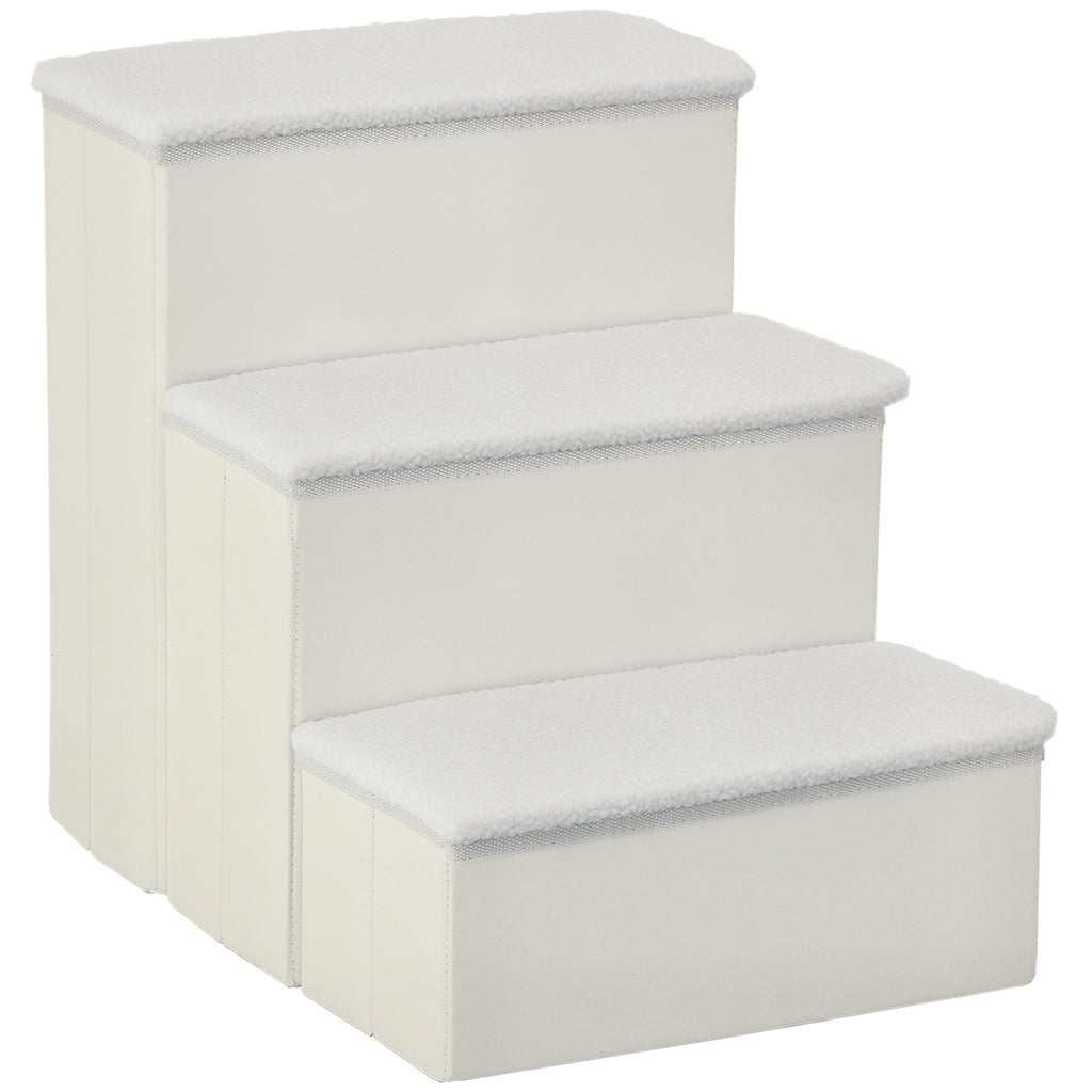 PawHut Haustiertreppe Katzentreppe Hundetreppe Faltbar 3 Stufen Tiertreppe mit Stauraum für Katzen und Hunde MDF Weiß 40 x 54 x 48 cm