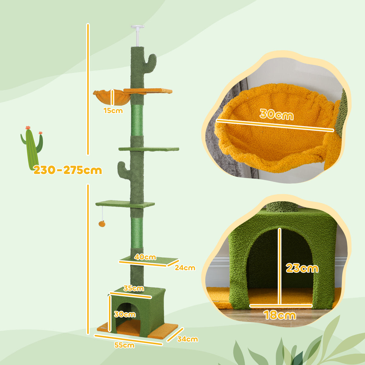 PawHut Höhenverstellbarer Kratzbaum 230-275 cm, platzsparend, Spielzentrum mit Hängematte, Grün