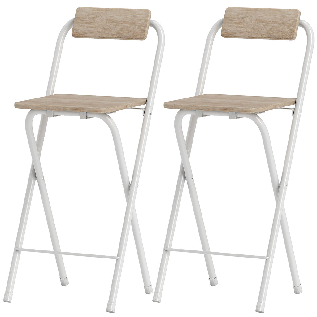HOMCOM Set mit 2 klappbaren Barhockern mit Rückenlehne und Fußstütze, Stahlgestell, 87 cm hoch, natürliche Holzoptik