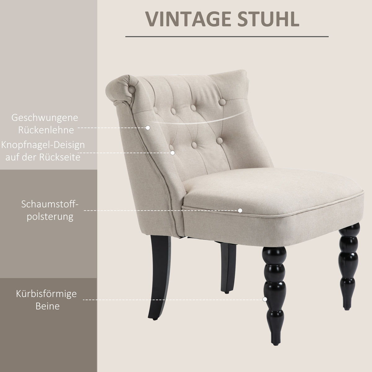 HOMCOM Relaxsessel Vintage Ruhesessel Relaxstuhl Polstersessel Esszimmerstuhl Leinenbezug Holzgestell Beige+Schwarz 67 x 67 x 78 cm