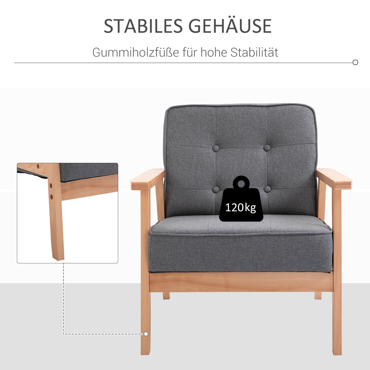 HOMCOM Einzelsofa Loungesessel Polsterstuhl mit Armlehnen Holzrahmen Leinen Grau 64,5 x 70 x 74 cm