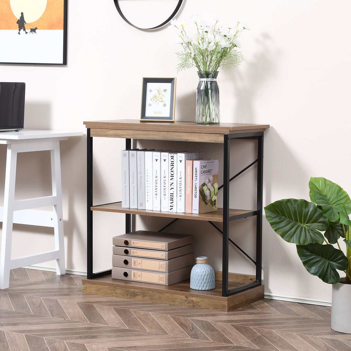 HOMCOM Industrielles Bücherregal, Bücherregal aus braunem Holz und schwarzem Metall, 80x36x81,3cm