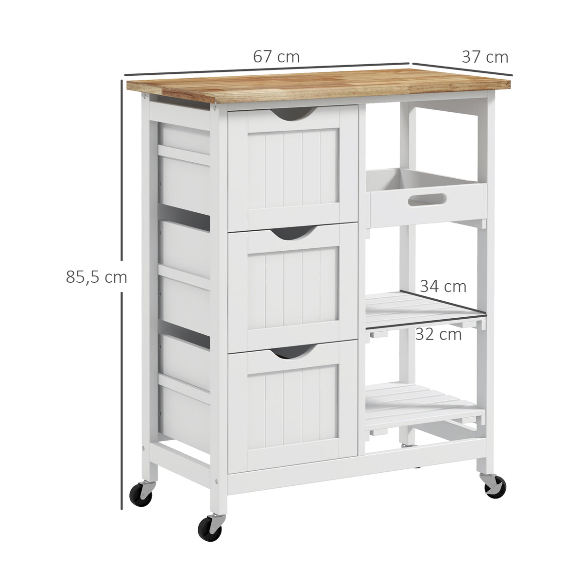 HOMCOM Kücheninselwagen mit Rollen und Arbeitsplatte aus Holz, 3 Schubladen + 1 abnehmbares Tablett 67 x 37 x 85,5 cm Weiß
