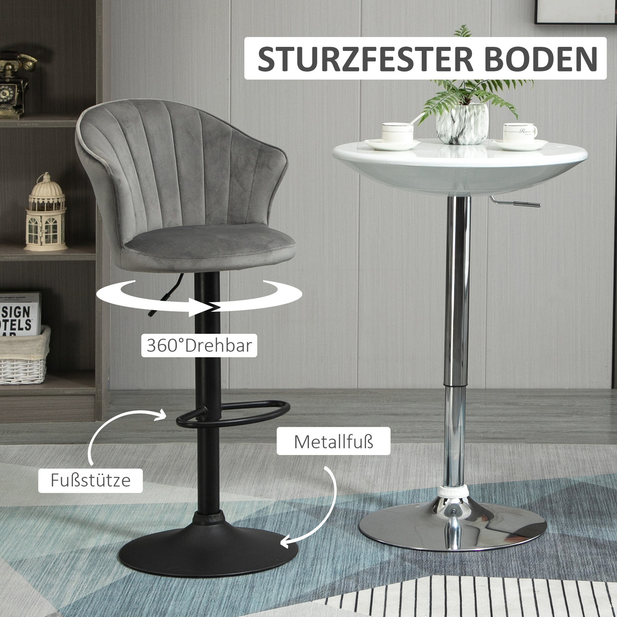 HOMCOM 2er-Set Barhocker drehbare Barstühle mit Lehne Samt Touch Bistrohocker höhenverstellbarer Tresenhocker armloser Schaumstoff Grau 54 x 56 x 91-111 cm