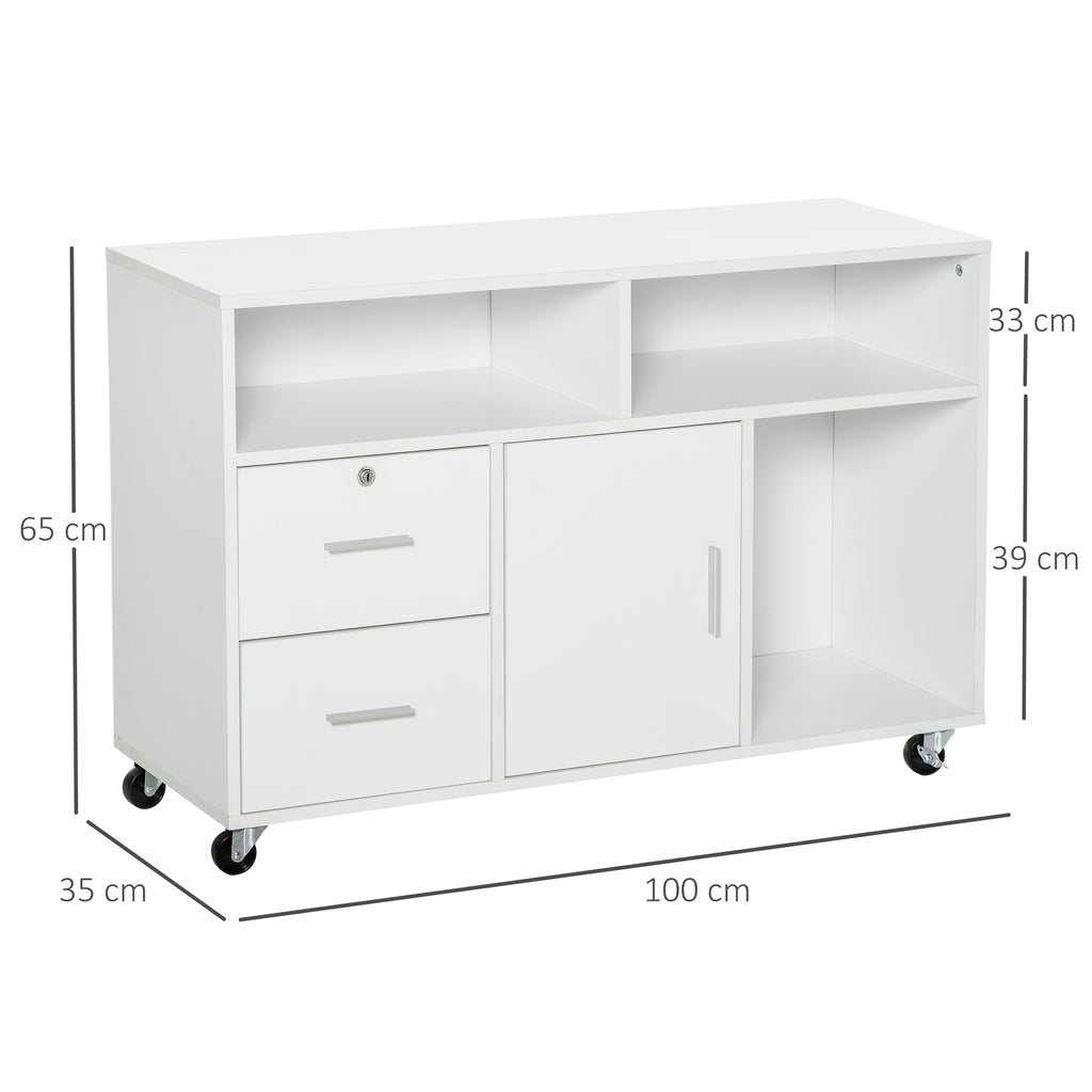 HOMCOM Bürocontainer mit Rollen, Aktenschrank, Büroschrank, Sideboard, Badezimmerschrank für Büro, Küche, Schlafzimmer, Wohnzimmer Spanplatte, Weiß, 100 x 35 x 65 cm