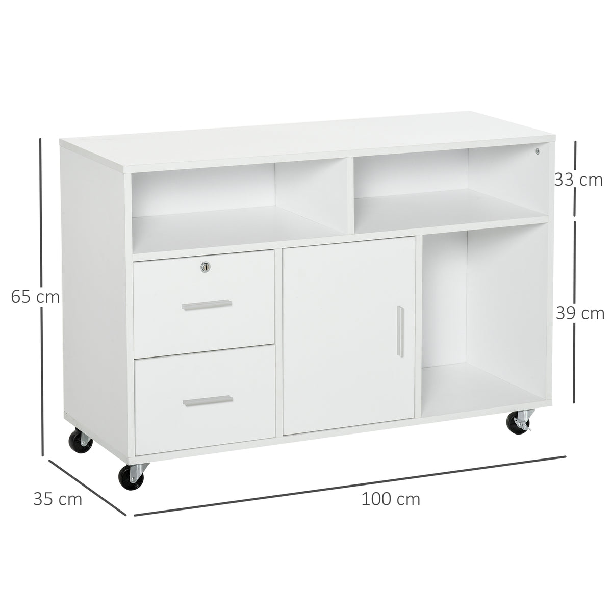 HOMCOM Bürocontainer mit Rollen, Aktenschrank, Büroschrank, Sideboard, Badezimmerschrank für Büro, Küche, Schlafzimmer, Wohnzimmer Spanplatte, Weiß, 100 x 35 x 65 cm