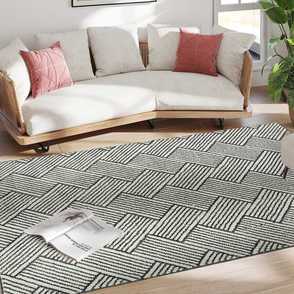 HOMCOM Teppich für Wohnzimmer 200 x 140 cm kurzer Flor maschinenwaschbar hypoallergen für Wohnzimmer, Schlafzimmer, Büro, hellgrau