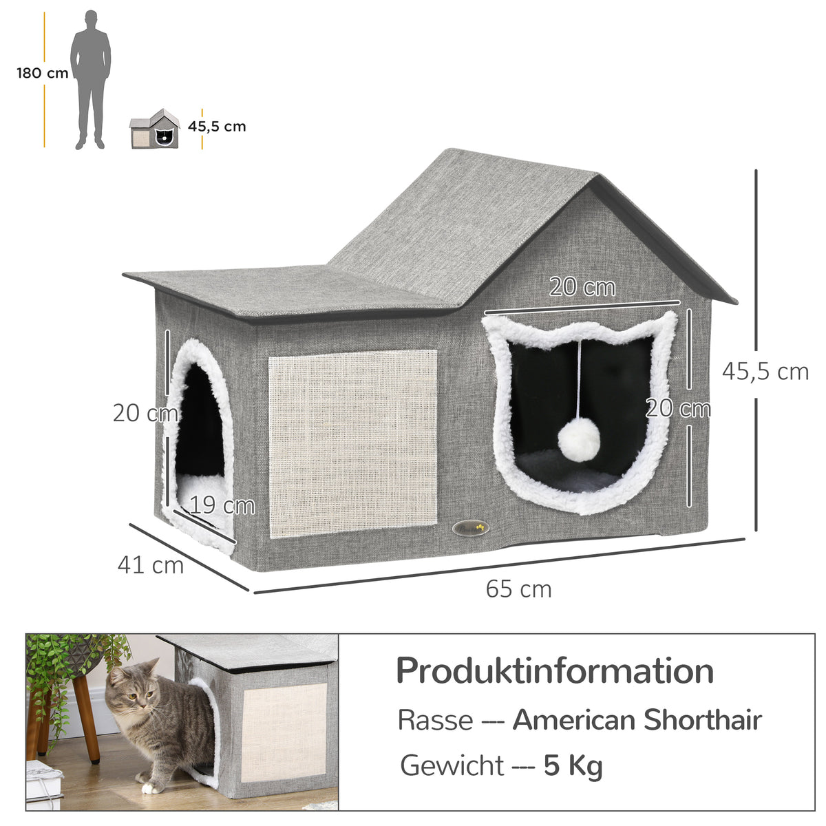 PawHut Katzenhaus mit Kratzfläche, inkl. Spielball, Katzenhöhle, 65 cm  x 41 cm x 45.5H cm, Braun + Weiß + Beige