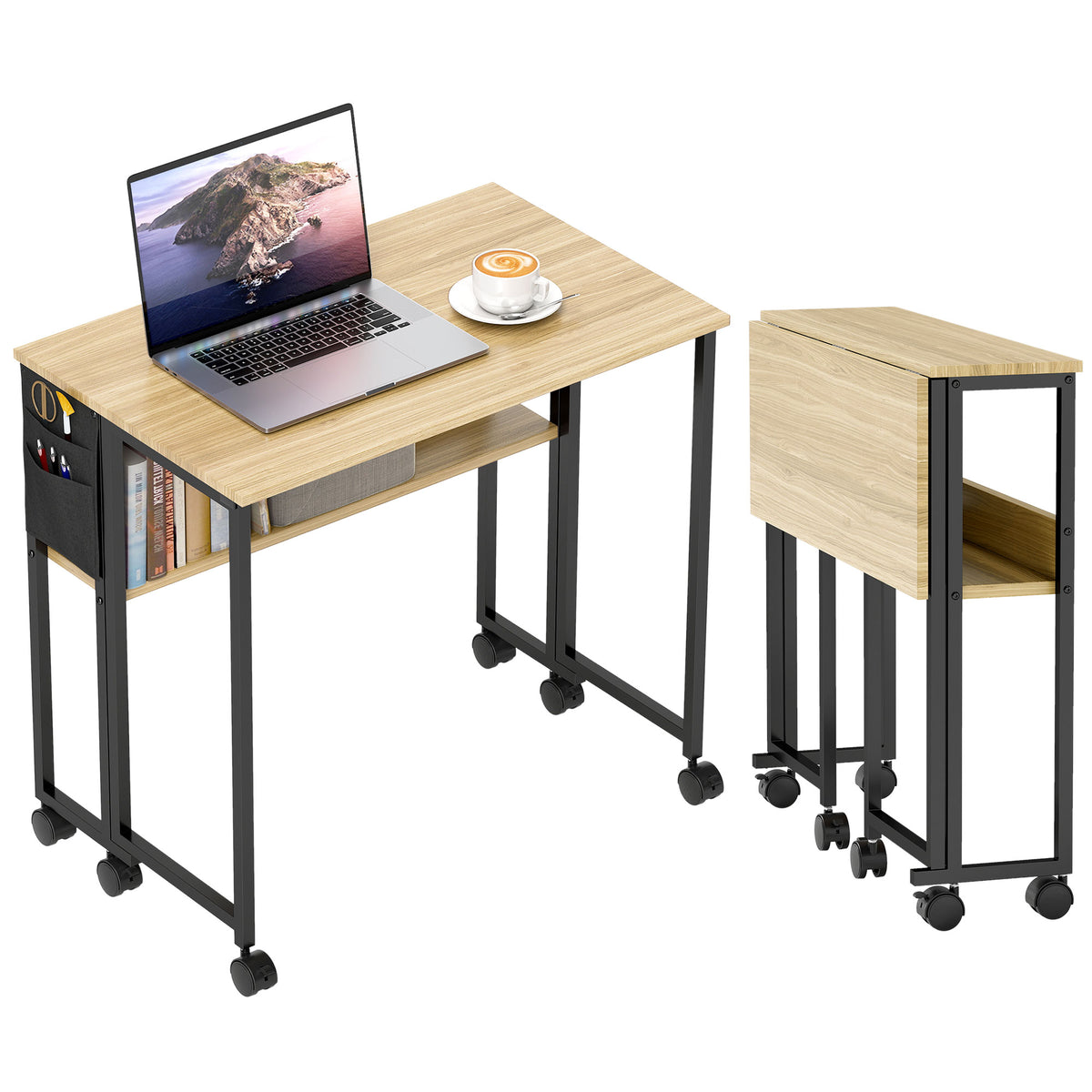 HOMCOM Klappbarer Schreibtisch auf Rollen 80 x 50 cm mit Regal und Aufbewahrungstasche, Eiche