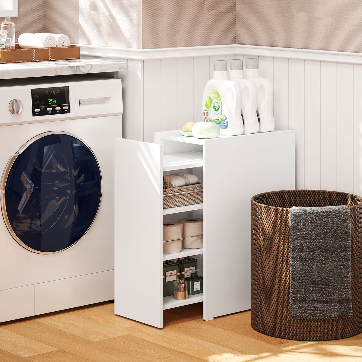 HOMCOM Kompakter und schmaler Badezimmerschrank mit Schublade auf Rollen, 3 Fächer, 47 x 30 x 66,5 cm, weiß