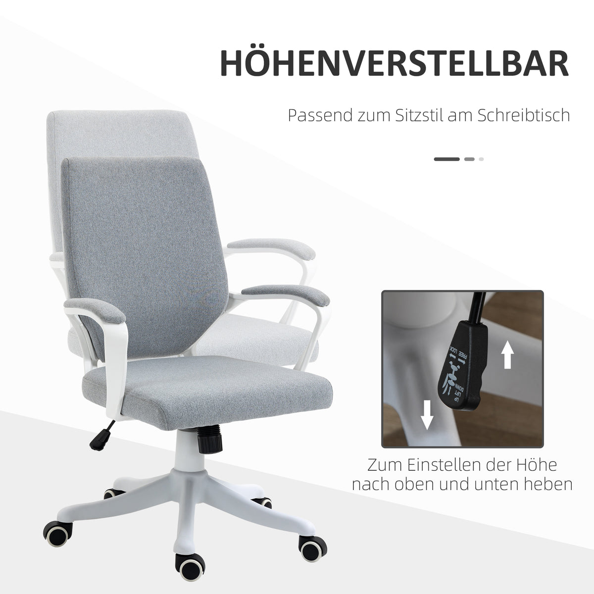 Vinsetto Bürostuhl Computerstuhl, höhenverstellbar, neigbare Rückenlehne, 5 Rollen, Grau + Weiß