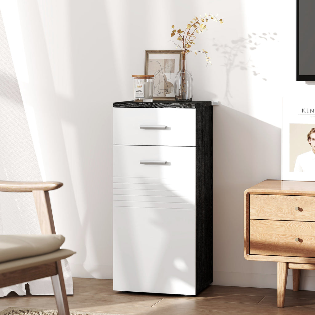 kleankin Badezimmerschrank mit Schublade und Schrank aus Holz, 35x30x77,5cm, Weiß und Schwarz
